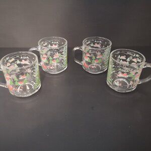 Vintage Kig Indonesia Set of 4 Clear Glass Christmas Scene Mugs w/ Handles